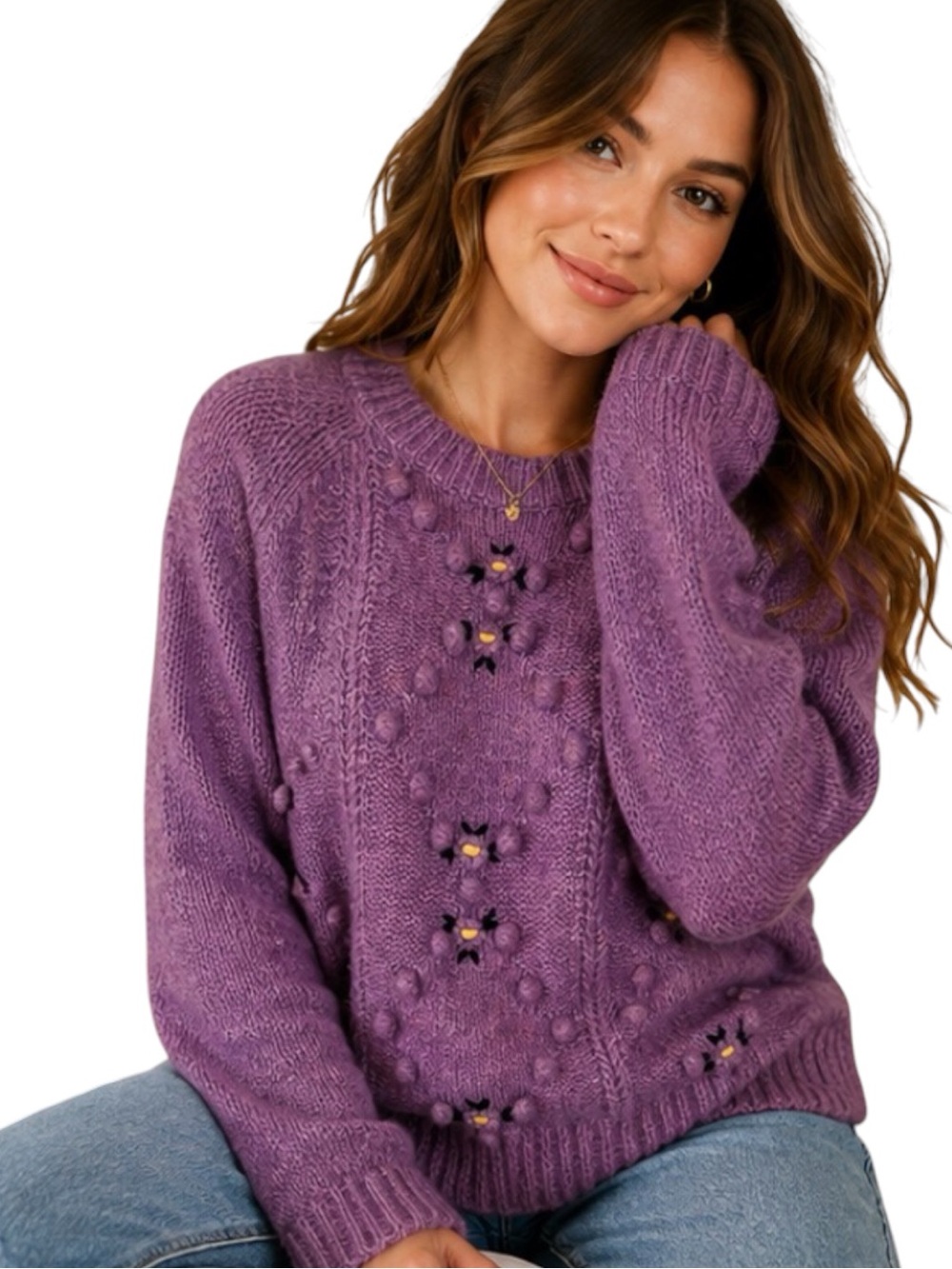 See and Be Seen Lavender Floral Embellished Bobble Knit Pullover Sweater S Cozy